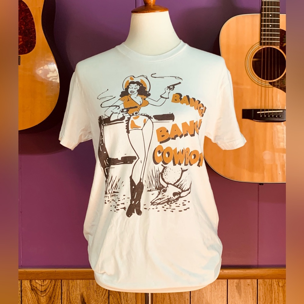 Band Bang Cowboy Western White T Shirt SZ Small - Picture 1 of 9